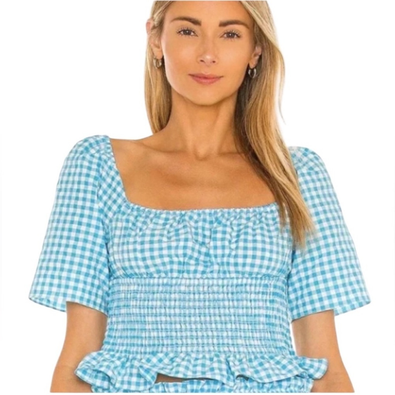 Nwt Bcbgeneration Seersucker Gingham Blue And White Check Crop Top Sz M